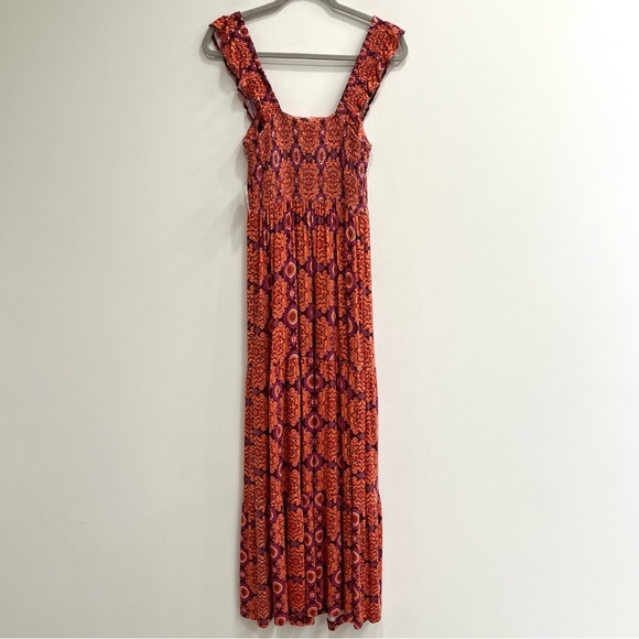 Soma Weekend Medallion Ruffle Sleeve Maxi Dress Pockets Built in Bra Smocked SM - Picture 8 of 12